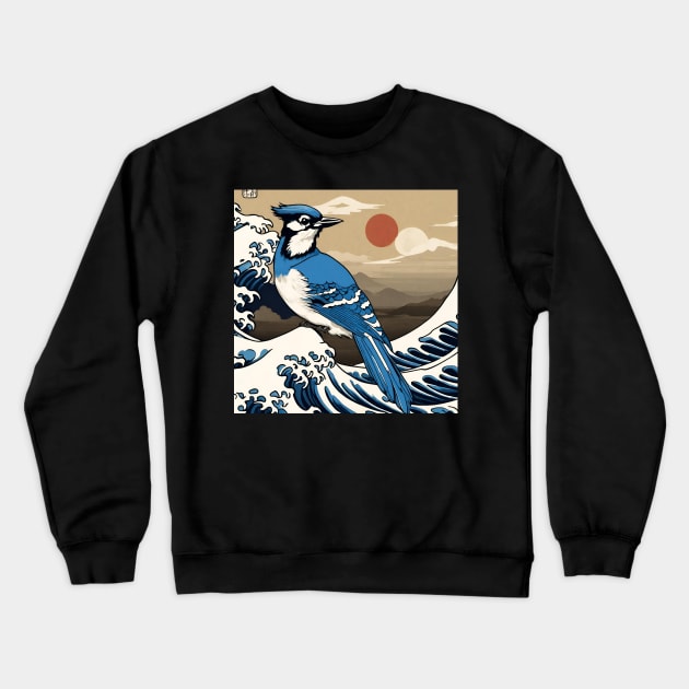Vintage Blue Jay Bird in Sunset with The Great Wave Bird Watching Dad Crewneck Sweatshirt by wigobun